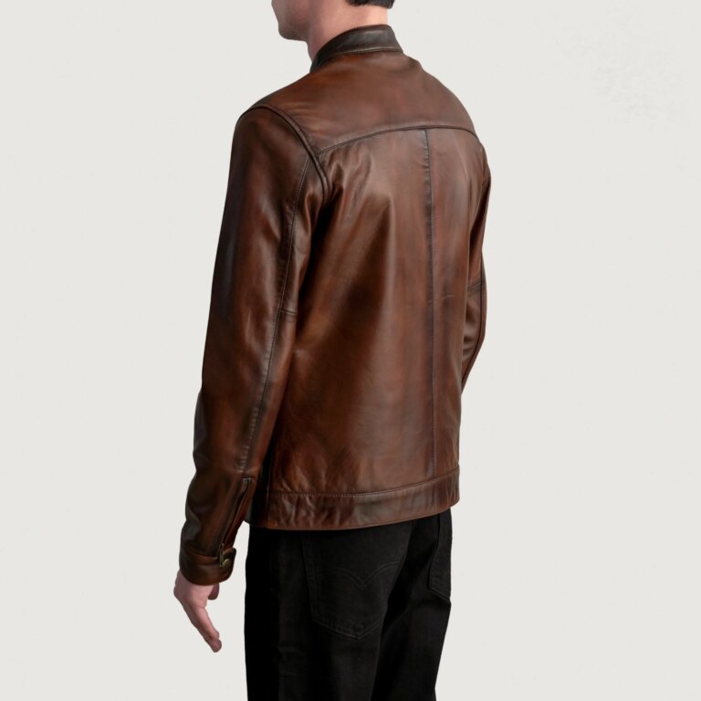 Mens Zen Distressed Brown Leather Biker Jacket Tilted Back-8-1724073236144